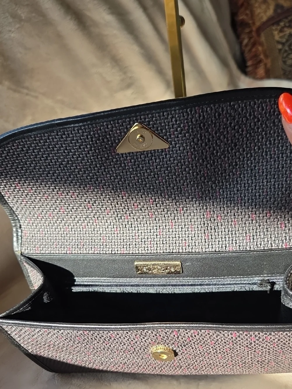 Yves Saint Laurent Navy Textured Shoulder Clutch with Gold YSL Accent - Picture 4 of 6